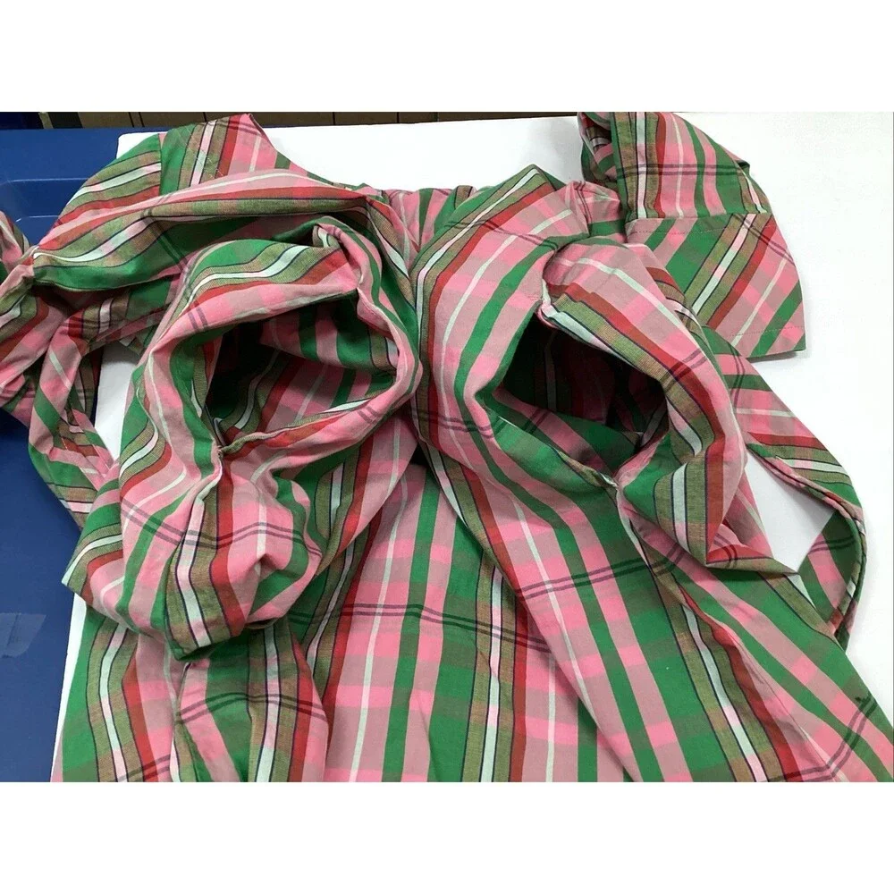 j crew tie waist poplin shirt dress sz 6 stretch cotton pink/green plaid